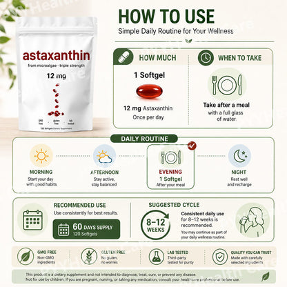 Astaxanthine pure 2.0 en gélules molles 12 mg | Éclat + inversion du vieillissement de l'intérieur sans effort
