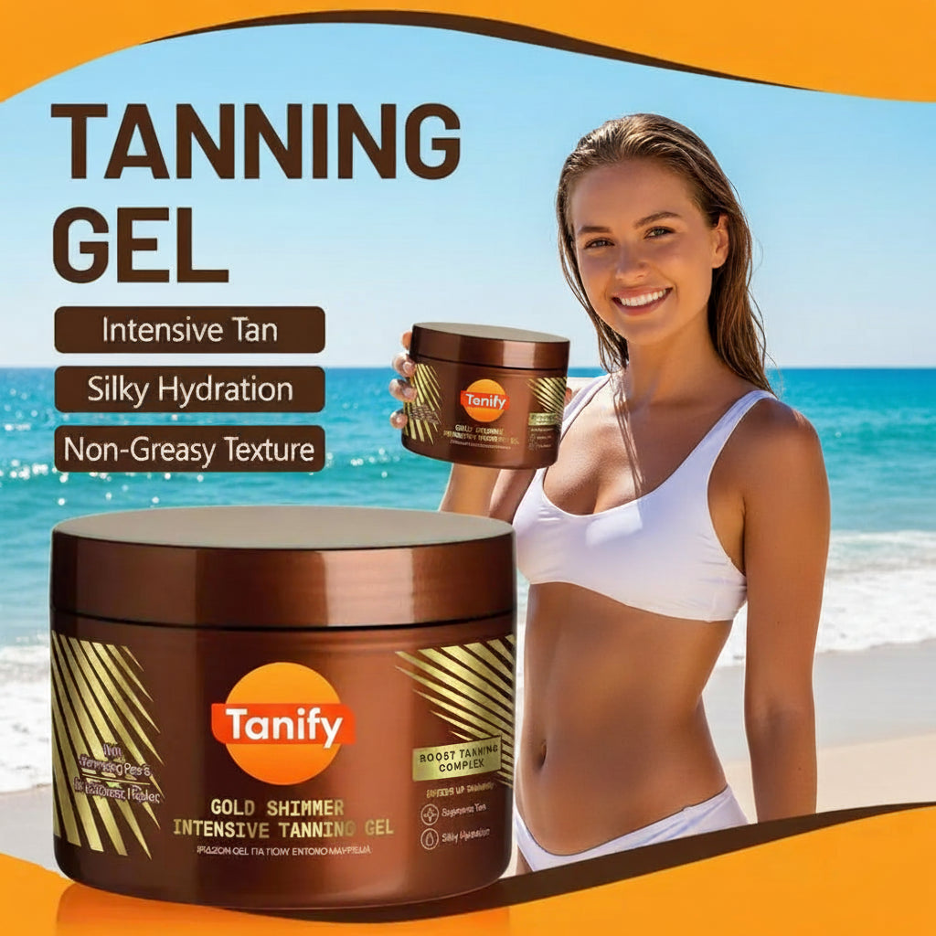 Carrot tanning gel jar with a woman's legs showing tan skin on an orange and white background