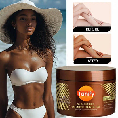 Woman in a bikini with Carrotin Gold Shimmer Intensive Tanning Gel and tanning before and after images.